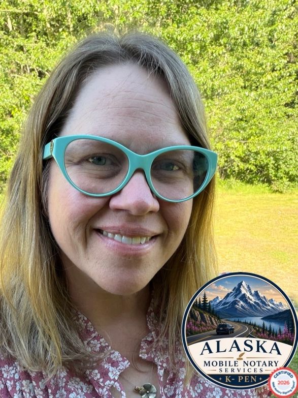 Woman with glasses and an Alaska notary badge.
