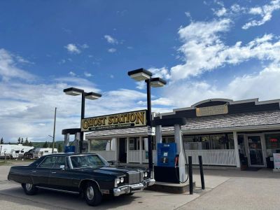 Ghost Station store front and Shell pumps on Highway 1A