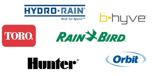 Logos of popular irrigation and sprinkler brands.