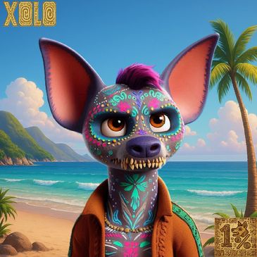 Animated dog with colorful Day of the Dead-style face paint on a beach.