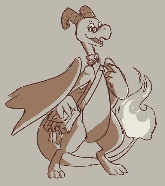A dragon with curly ram horns looks happy as he clutches his messenger bag and smiles at the viewer