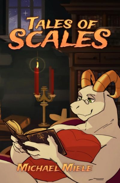 A white dragon with red scales across his chest and stomach, laying back on some pillows and reading