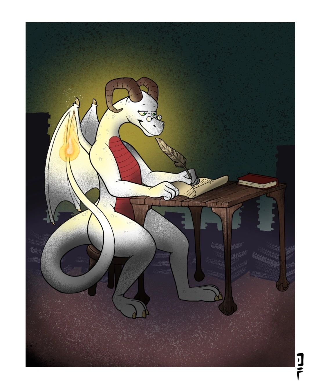 A white and red dragon sits at a desk while writing on parchment by the light of a tail flame.