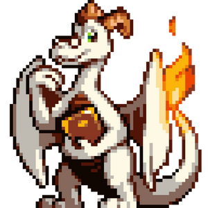 A pixellated red and white dragon holding a book in one hand is smiling at the viewer. 