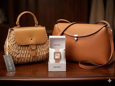 Woven handbag and a designer NGGU handbag complimented with a Nine West watch for women.