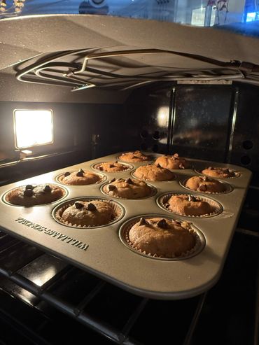 Chocolate chip muffins baking inside an oven on a muffin tray.