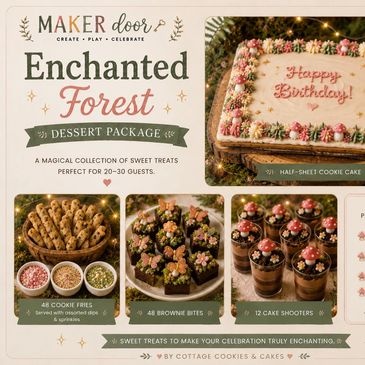 Enchanted Forest dessert package with cookie fries, brownie bites, cake, and shooters.