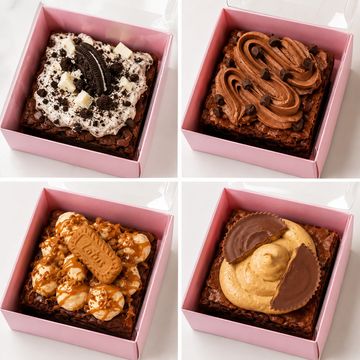 Four gourmet brownies with unique toppings in pink boxes.
