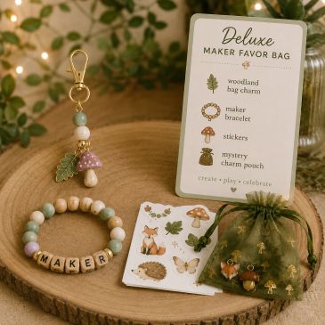 Deluxe maker favor bag with woodland charms and bracelet.