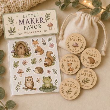 Nature-themed stickers and wooden maker tokens.