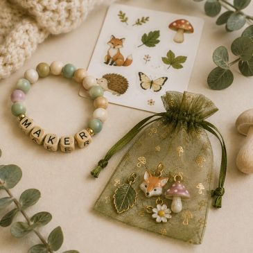 Crafting supplies with nature-themed stickers and charms.