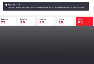 IELTS provisional score report showing an overall band of 8.0.