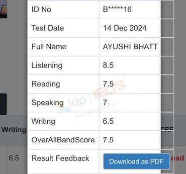 IELTS test score report for Ayushi Bhatt with an overall band score of 7.5.