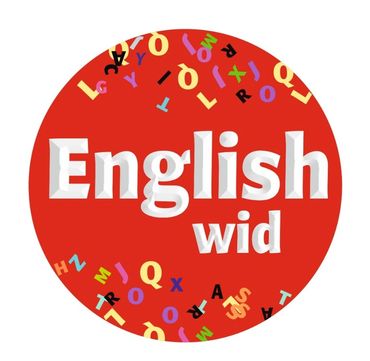 Red circle with the word 'English wid' and scattered colorful letters.