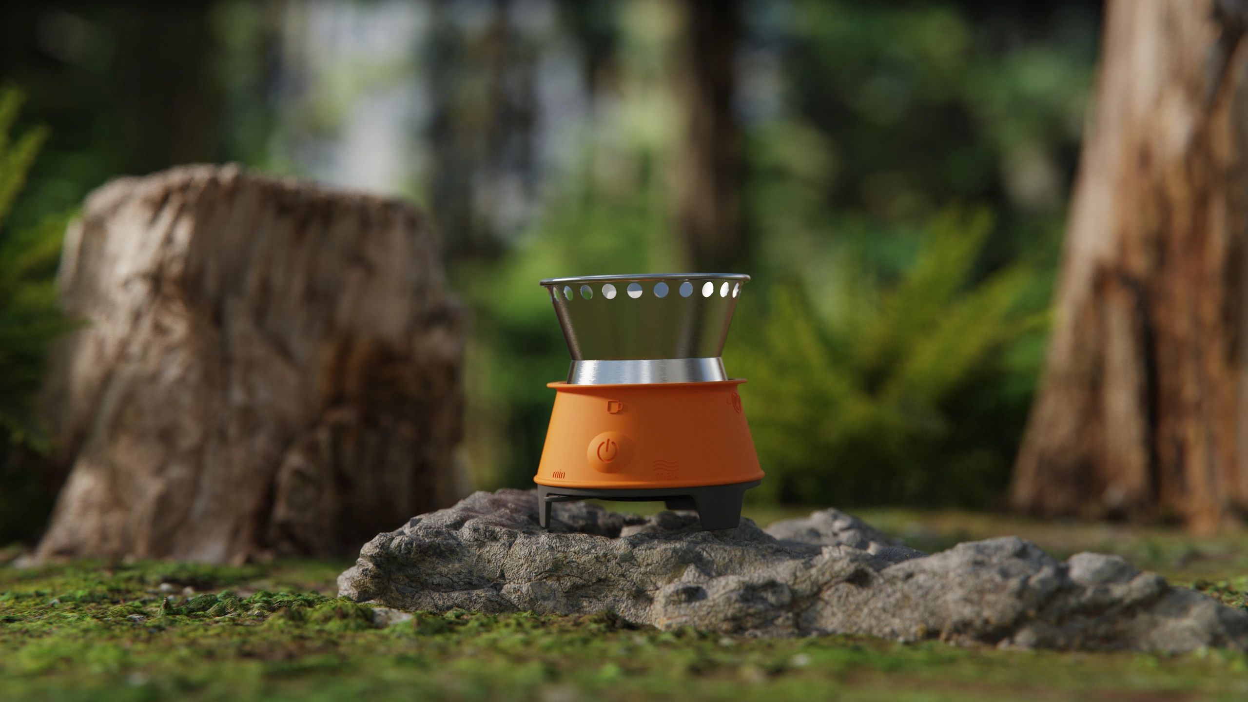 an orange camping stove on a rock in the forest