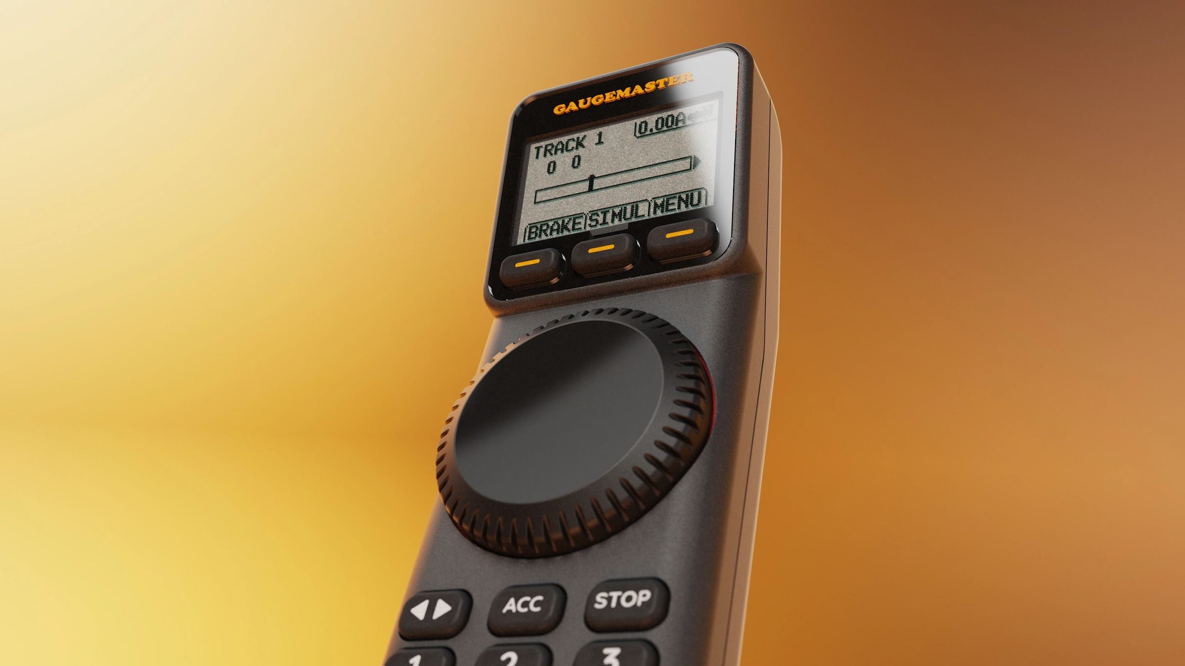 a handheld device with a digital display and rotating dial on an orange background