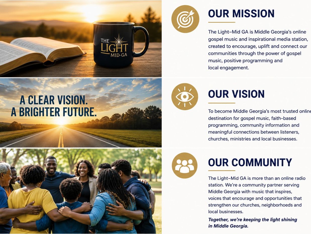 Mission, vision, and community values of Light-Mid GA gospel music station.