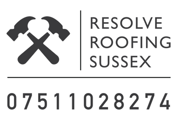 Logo for Resolve Roofing Sussex with two crossed hammers and a contact number.