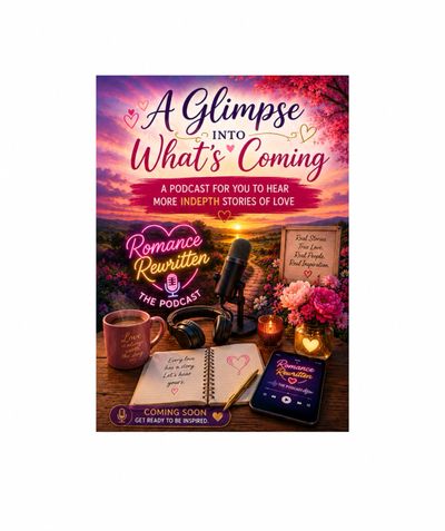 Promotional poster for 'Romance Rewritten' podcast with romantic sunset and cozy setup.