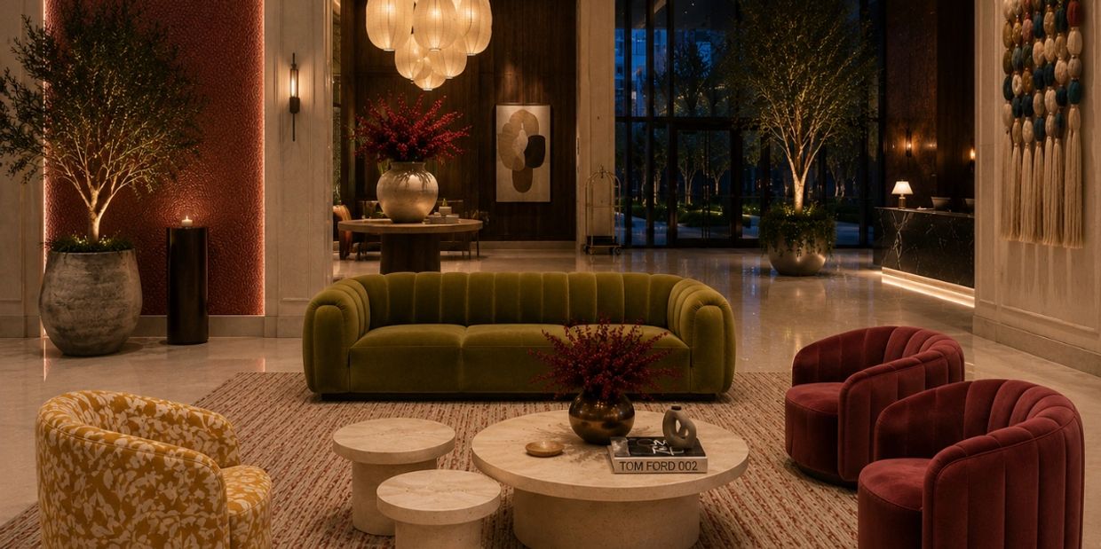 Elegant modern living room with velvet seating and ambient lighting.