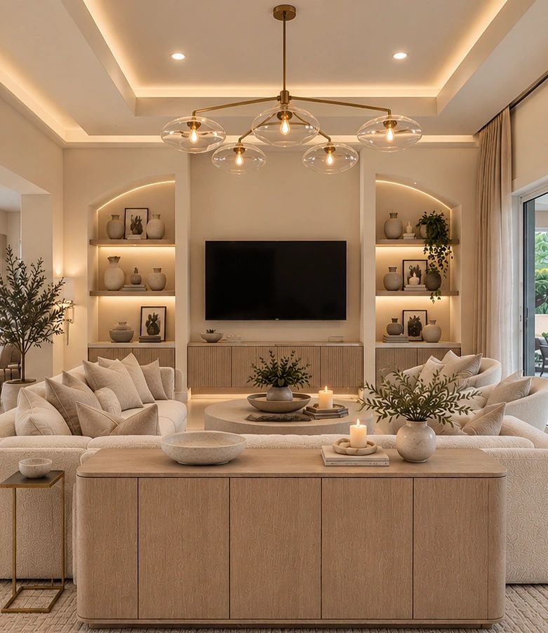 Luxury living room interior design featuring custom built-in shelving, neutral furnishings, architec