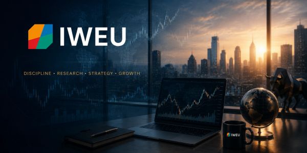Workspace with IWEU branding and city skyline at sunset.