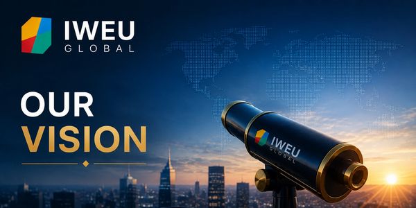 Telescope with IWEU Global logo looking at city skyline at sunset.