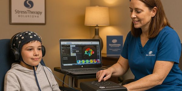 Child undergoing brainwave monitoring therapy with a healthcare professional.