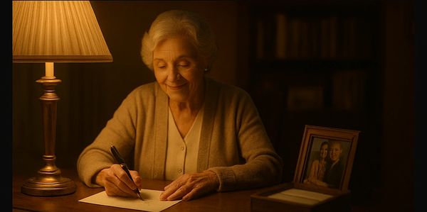 Elderly woman writing a heartfelt letter by lamp light.
