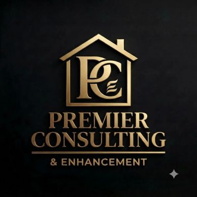 Gold logo of Premier Consulting & Enhancement inside a house shape on black background.