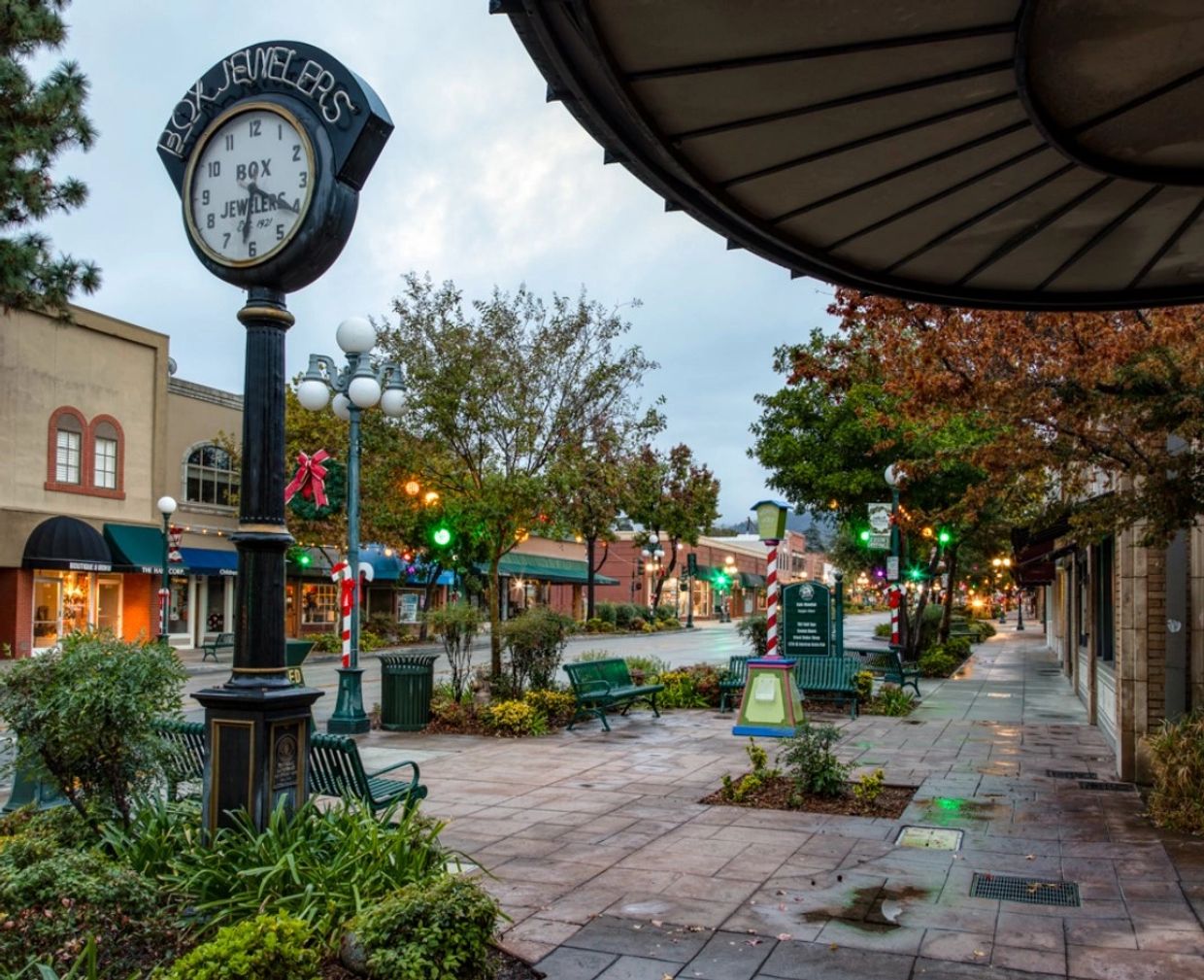 Old Town Monrovia during Christmastime as seen from the Box Jeweler's clock