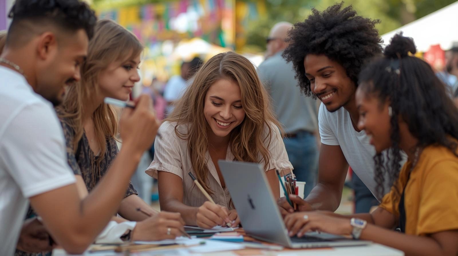 A group of young adults smiling and collaborating around a laptop outdoors.