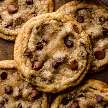 Close-up of freshly baked chocolate chip cookies.