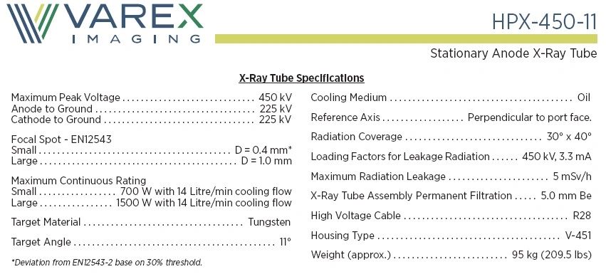 This is a Specification for a Varex HPX-450-11 X-Ray Tube.