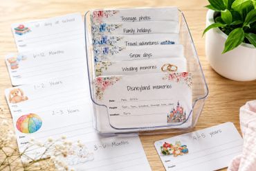 Organized memory cards for family holidays, travel, and special moments in a clear container.