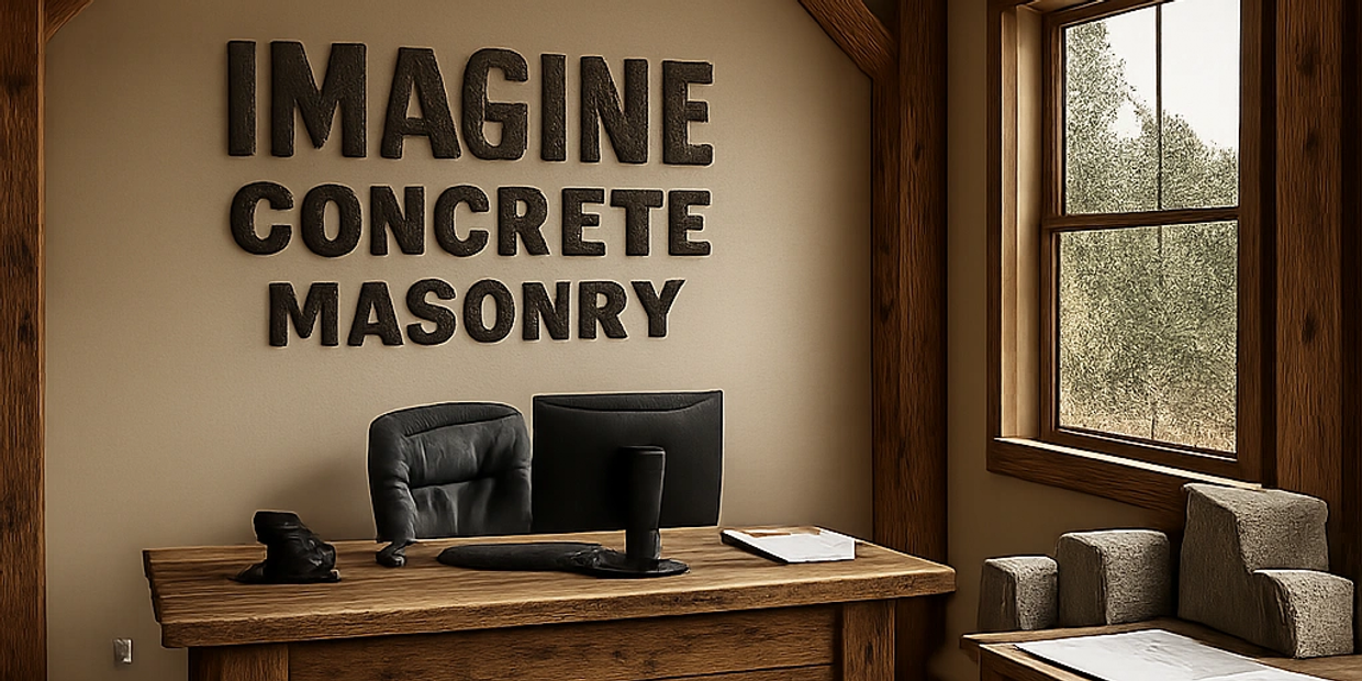 Rustic office with wooden furniture and 'IMAGINE CONCRETE MASONRY' on the wall.