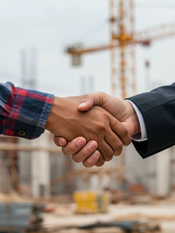Handshake between two people at a construction site.