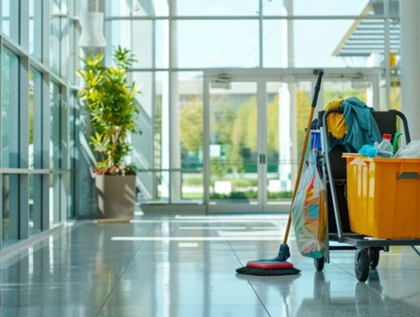 Front entrance to office building being cleaned