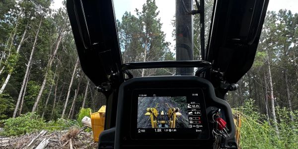 View from a forestry vehicle's control panel in a wooded area.