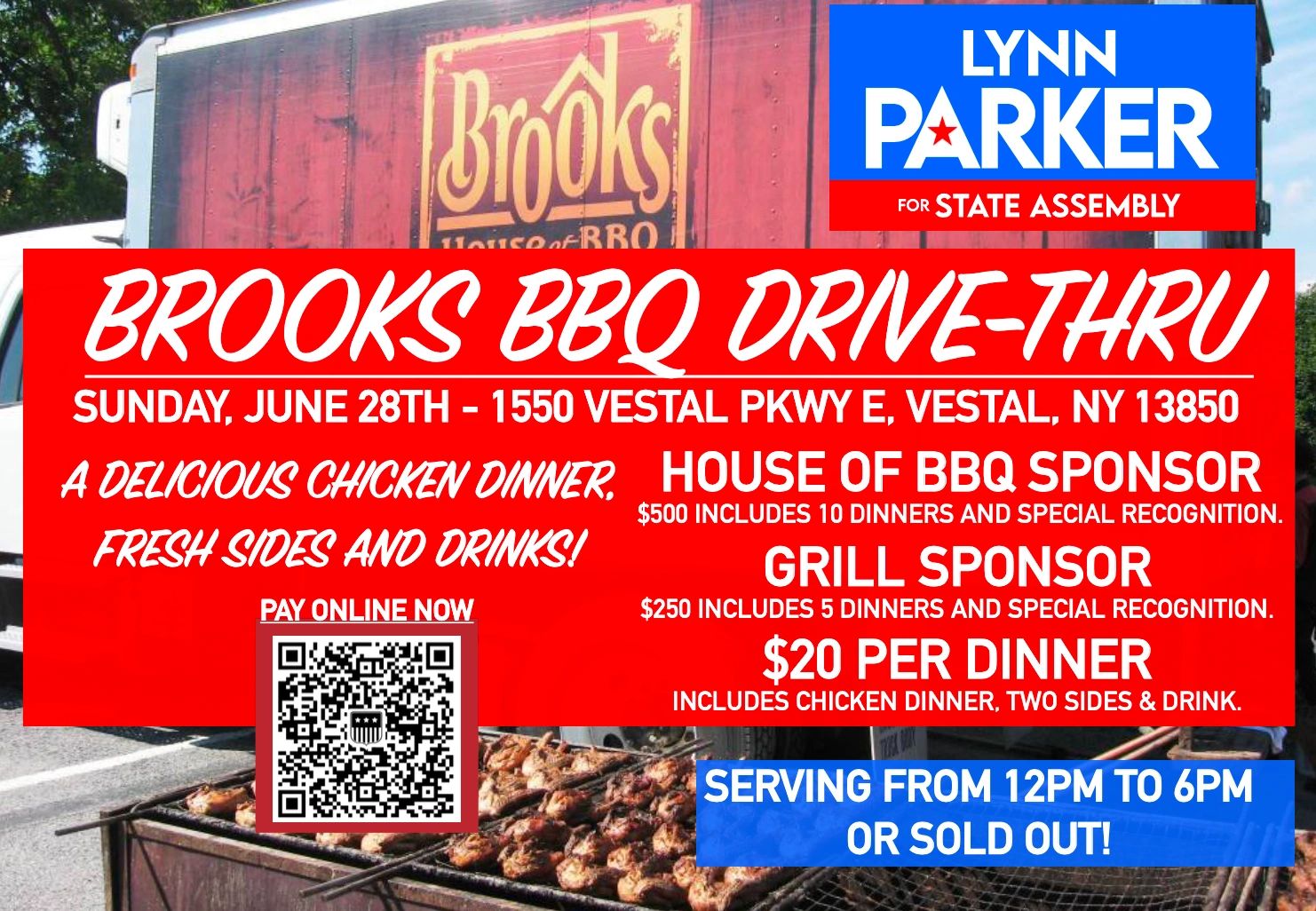 Brooks BBQ Drive-Thru fundraiser event details with chicken dinner and sponsorship options.