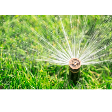 A garden sprinkler watering green grass on a sunny day.