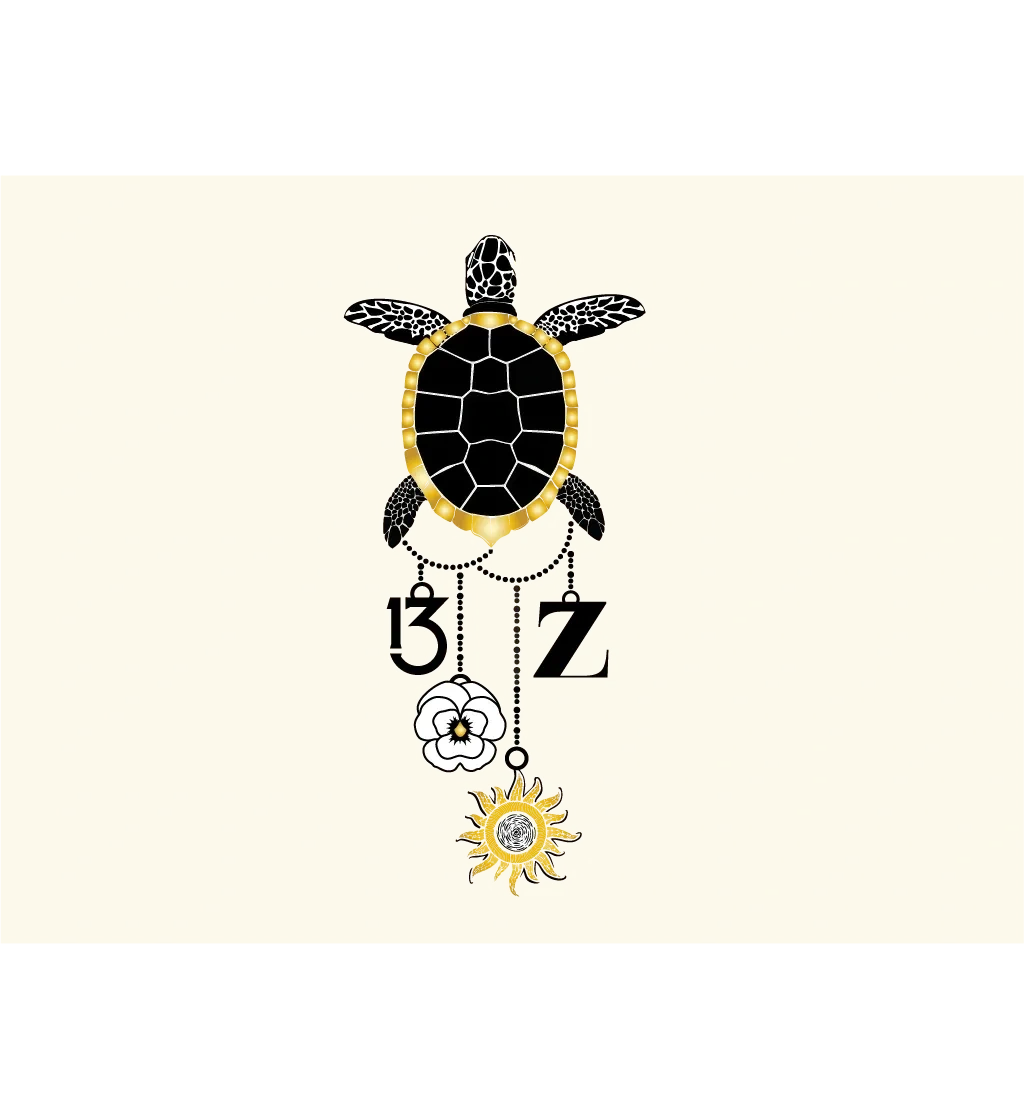 Golden turtle with 13, Z, flower, sun. Embrace the New You, strength, growth, transformation.