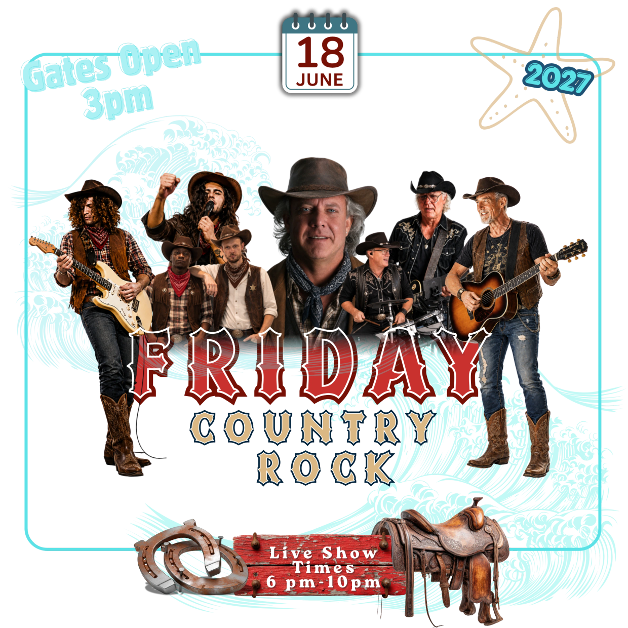 Country rock band live show on June 18, 2027, at 6-10pm.