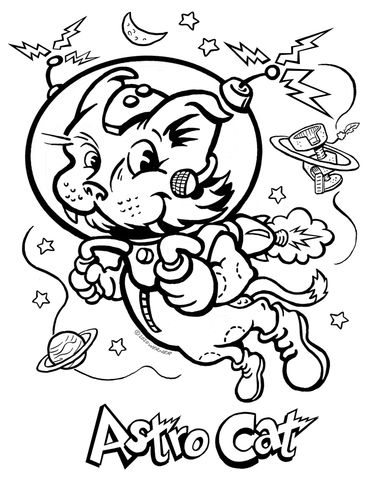 Cartoon coloring page with a cat wearing a jetpack and space suit rocketing through space where star