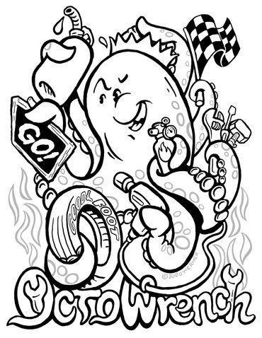 Coloring page features cartoon octopus holding car repair tools in his eight arms and a determined l
