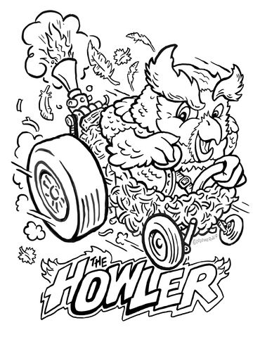 Screech Owl, nest, flame-thrower, hot rod, muscle car, feathers, coloring page