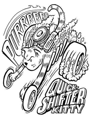 Cartoon illustration of a cat as a drag racing car with a hot rod engine and smoking tires for print