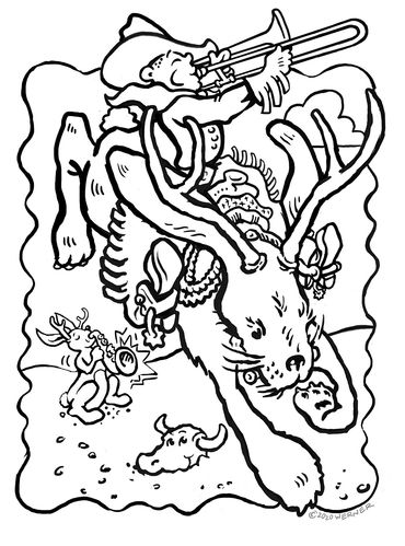 Cowboy, Jackalope, Trombone, saxaphone, skull, desert, antlers, coloring book