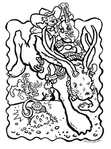 Cowboy, jackalope, guitar, headphones, antlers, desert, cactus, yodeler