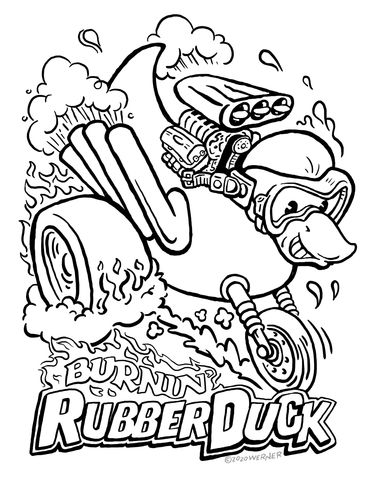 Speed-demon Rubber Duck with giant dragster engine, scuba goggles and lots of fire!